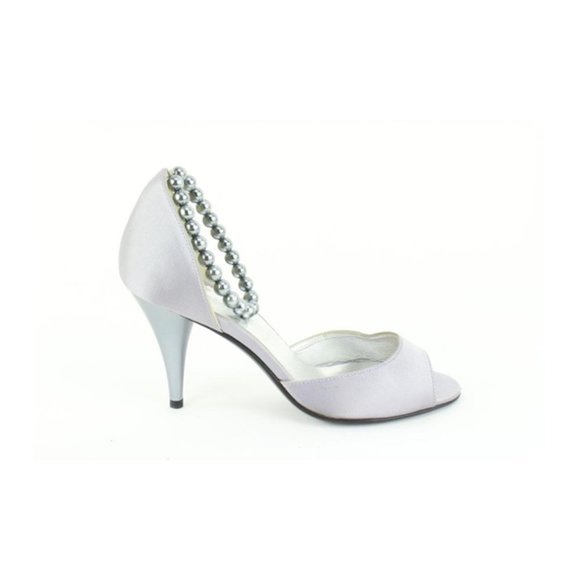 Chanel Size 36.5 Grey Satin Peep Toe Pearl Ankle Strap Pumps Size 13c48 - Picture 1 of 12